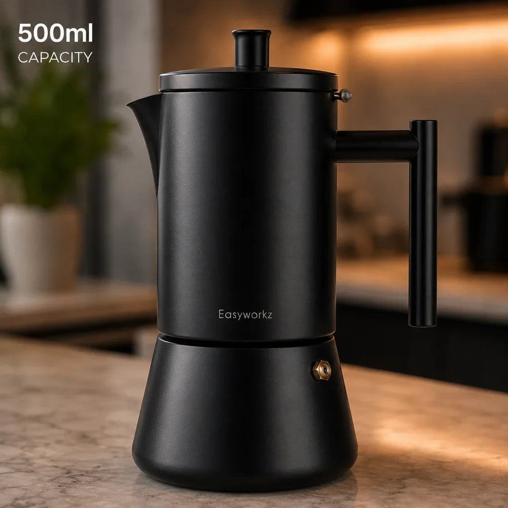 Black Moka Pot, 18/8 Stainless Steel Stovetop Espresso
