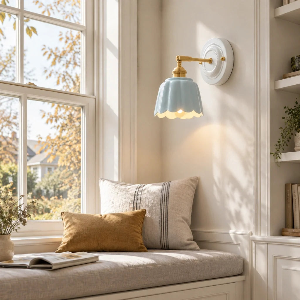 Scalloped Ceramic Wall Sconce, Adjustable Arm Flower Light