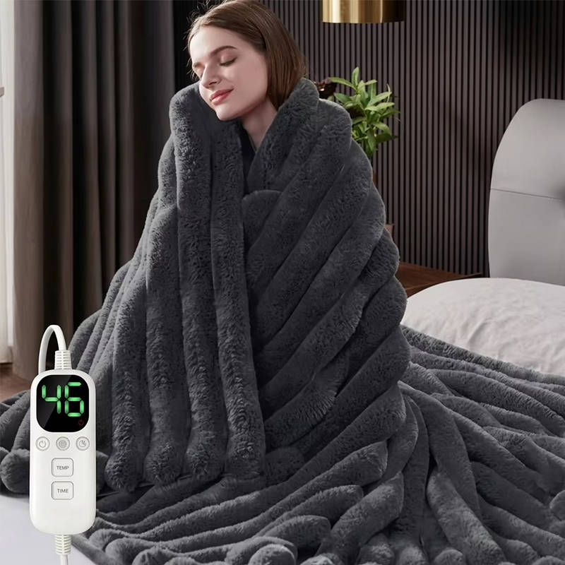 Electric Heated Blanket, Ribbed Faux Fur, 12 Heat Levels