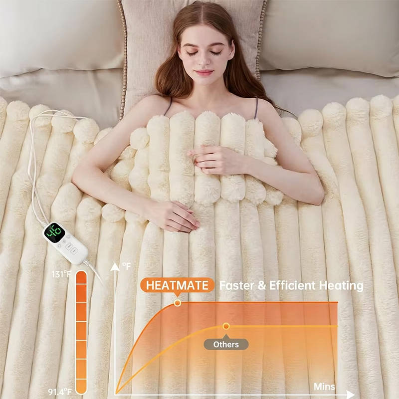 Electric Heated Blanket, Ribbed Faux Fur, 12 Heat Levels