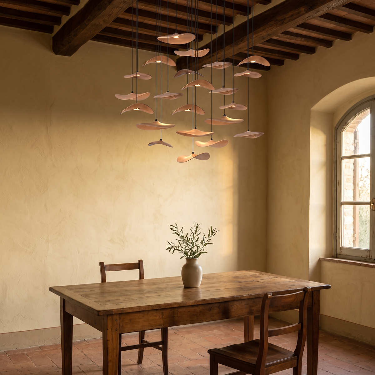 Wood petal cascade LED chandelier in an Italian interior