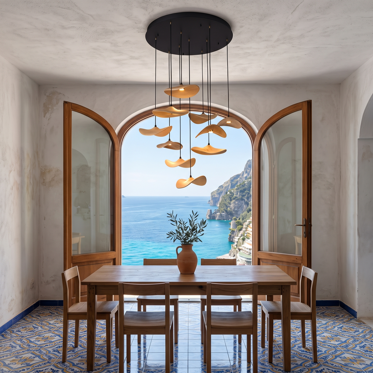 Wood petal cascade LED chandelier in an Italian interior