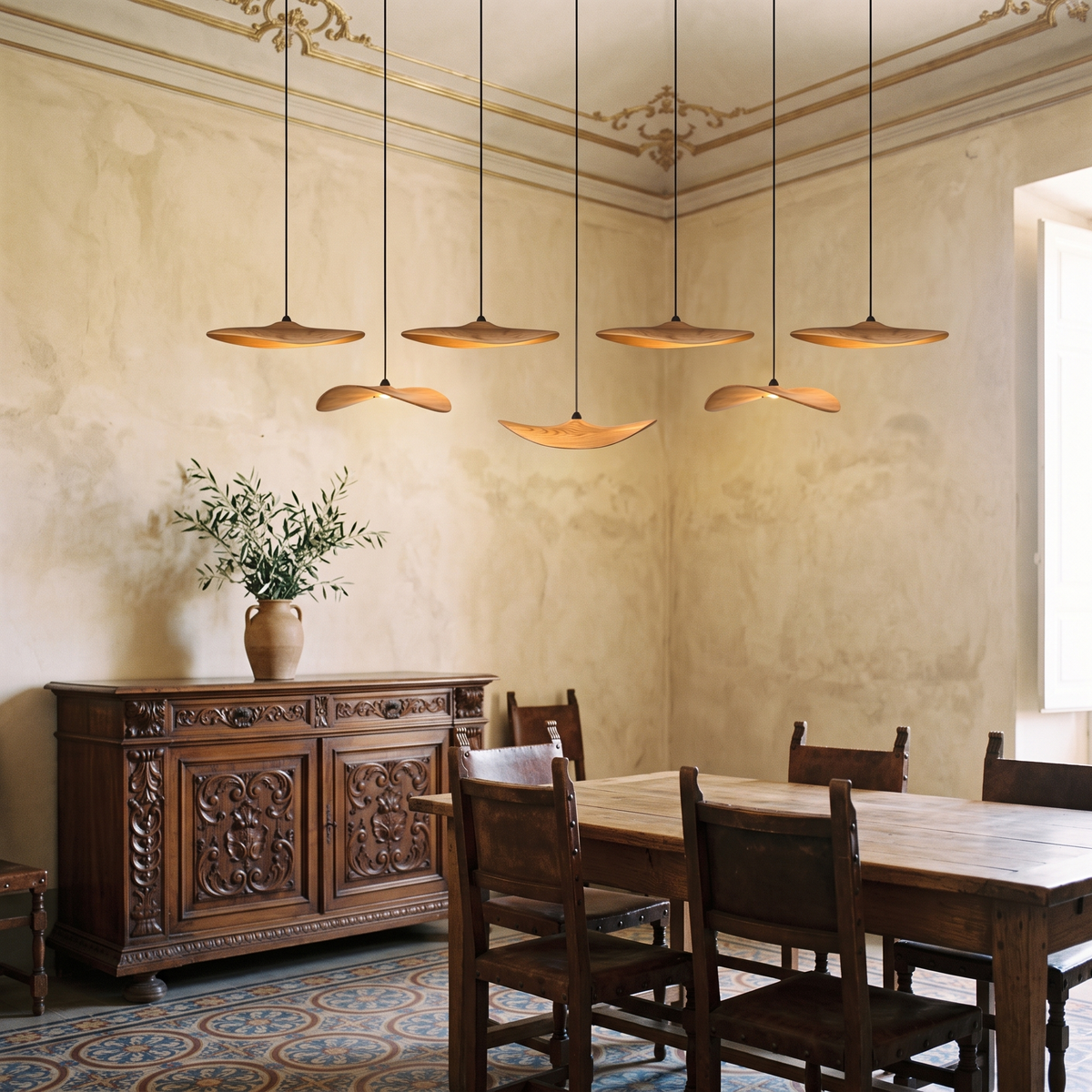 Wood petal cascade LED chandelier in an Italian interior