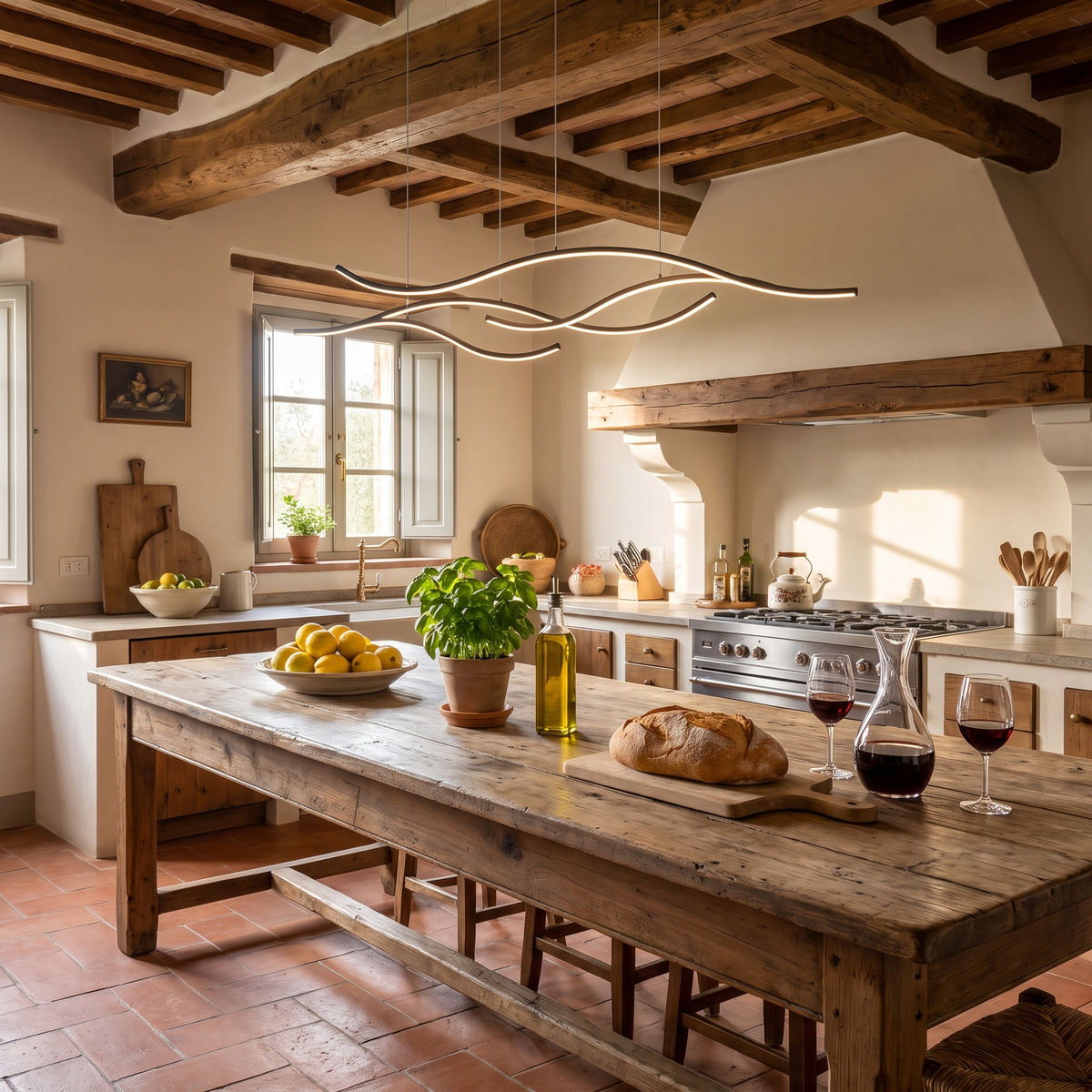 Wavy LED pendant light over an Italian farmhouse kitchen island
