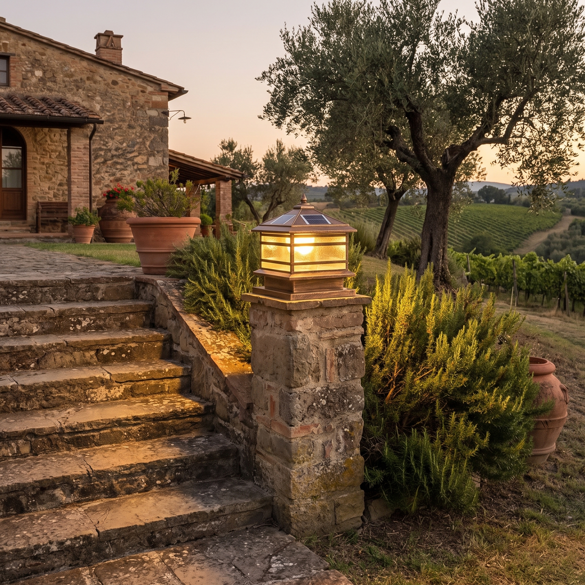 Copper solar post light on a stone pillar at an Italian farmhouse