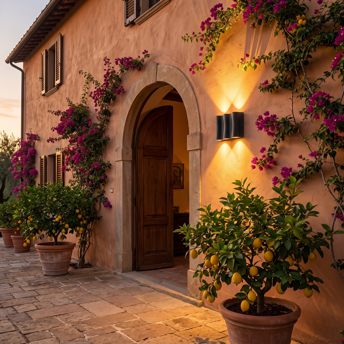 Wavy up-down wall light on a terracotta Italian villa entrance