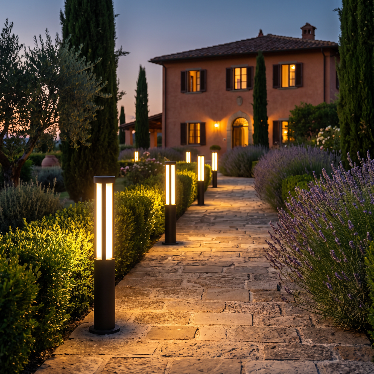 Cylindrical LED bollard lights along an Italian villa garden path