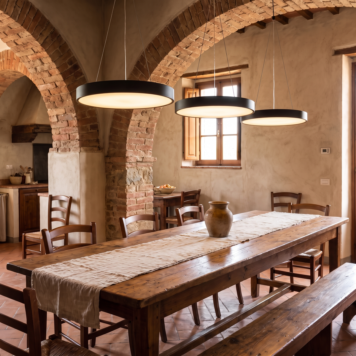 Round metal pendant lights over a rustic wooden table in an Italian dining room