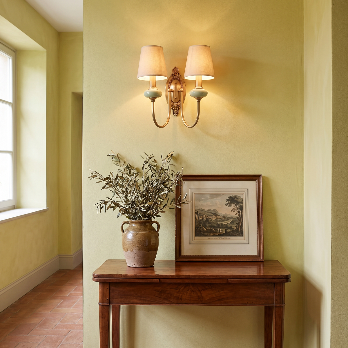 Rowan classic fabric shade sconce in an elegant Italian hallway
