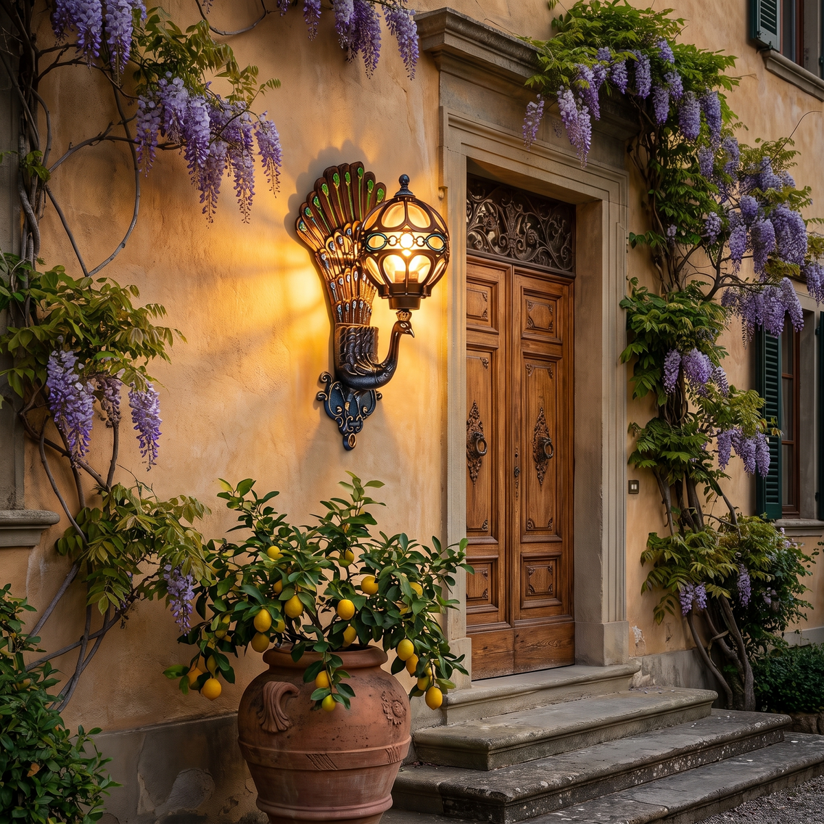 Peacock wall light on an Italian villa facade