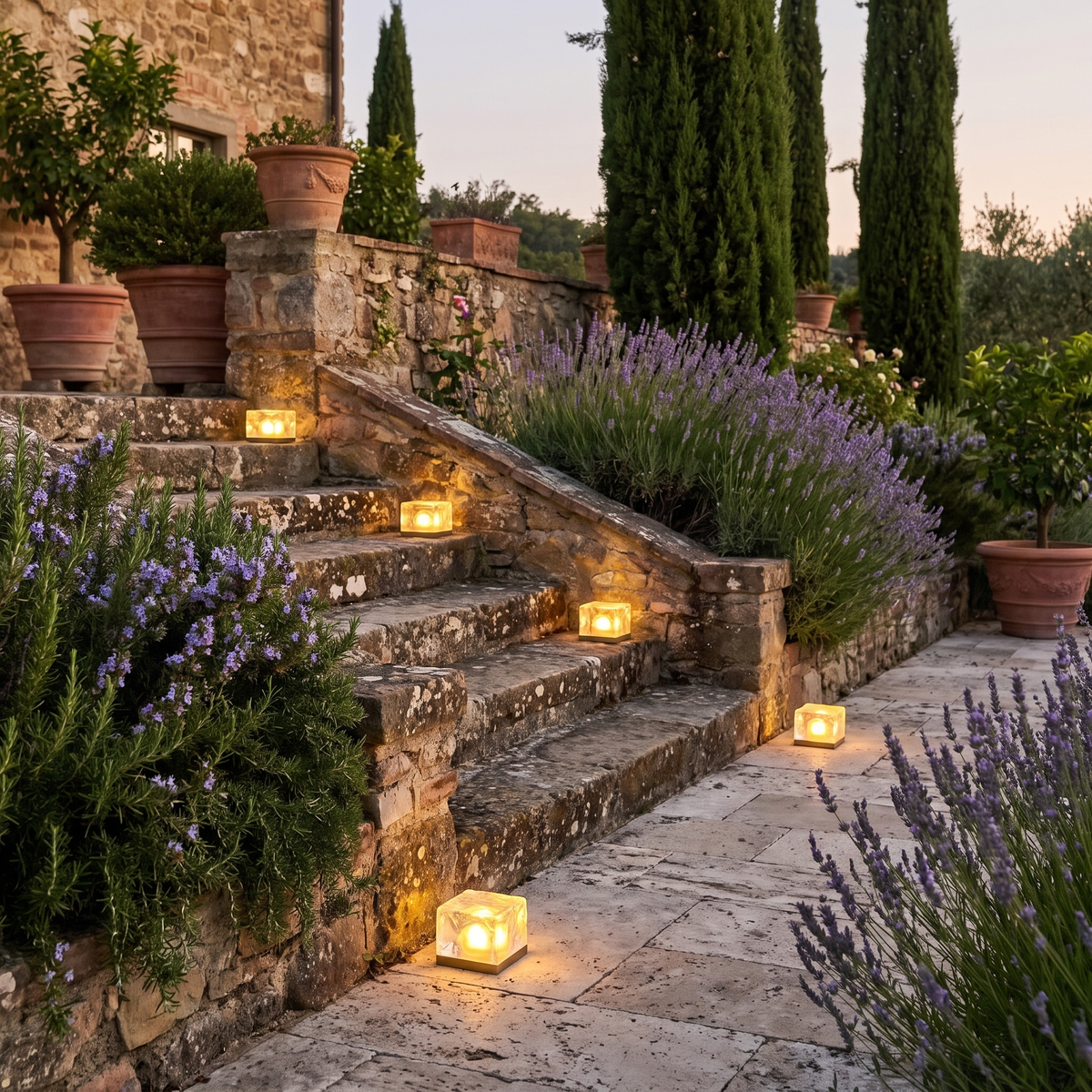 Solar Ice Cube Step Lights in an elegant Italian setting
