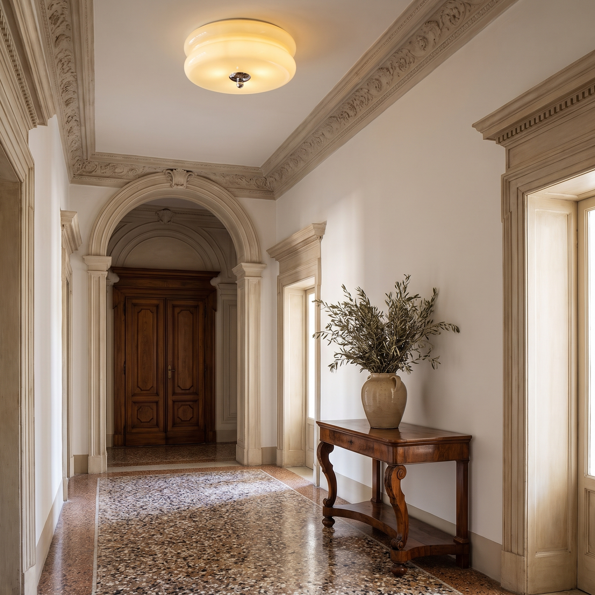 Art Deco Ribbed Glass Flush in an elegant Italian setting