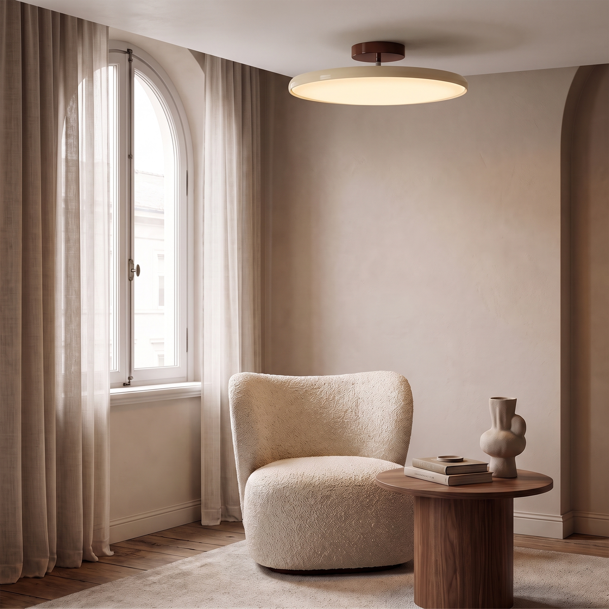 Swivel arm LED ceiling light mounted on the ceiling of an Italian reading nook