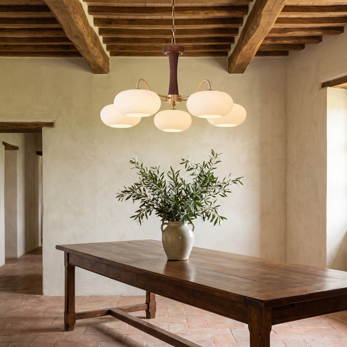 Brass Wood Globe Chandelier in an elegant Italian interior