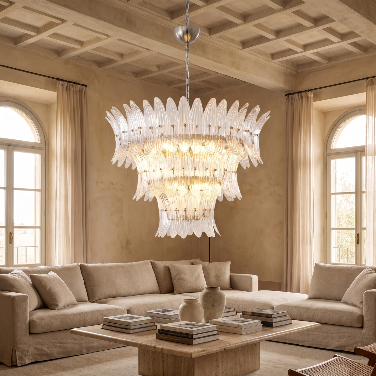 Clear Glass Palm Leaf Chandelier in an elegant Italian interior
