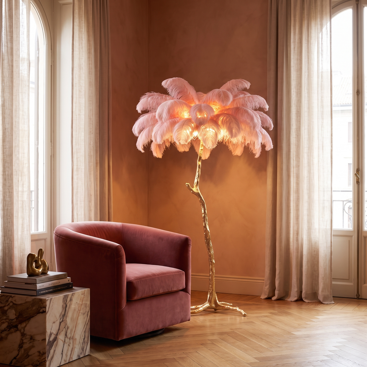 Brass Ostrich Feather Floor Lamp in an elegant Italian interior