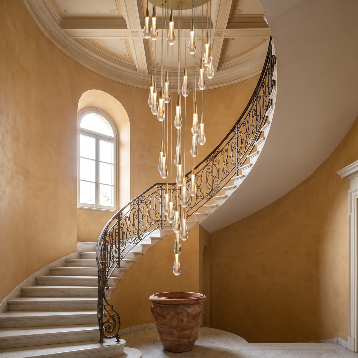 Crystal Cascade Staircase Chandelier in an elegant Italian setting