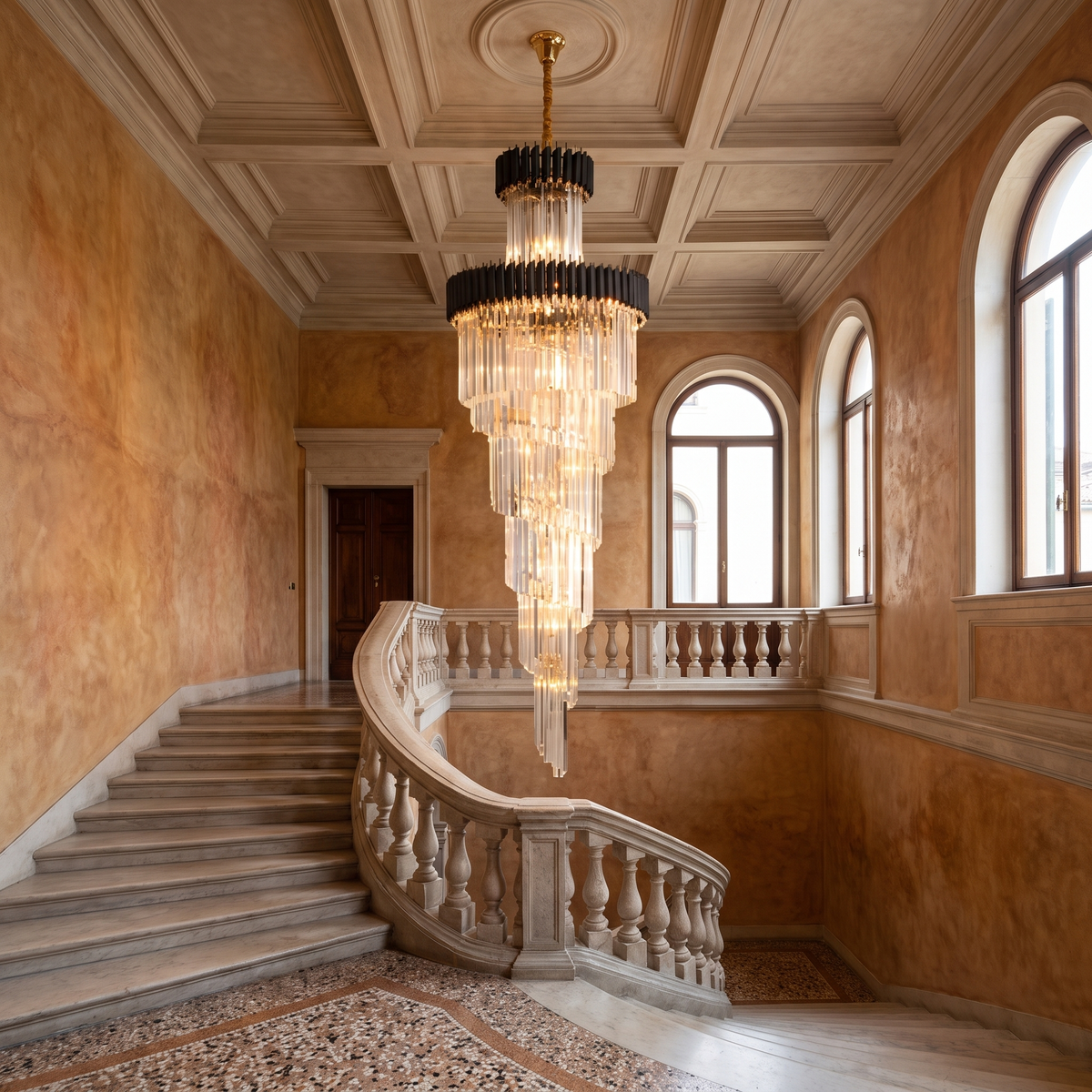 Art Deco Crystal Staircase Chandelier in an elegant Italian setting