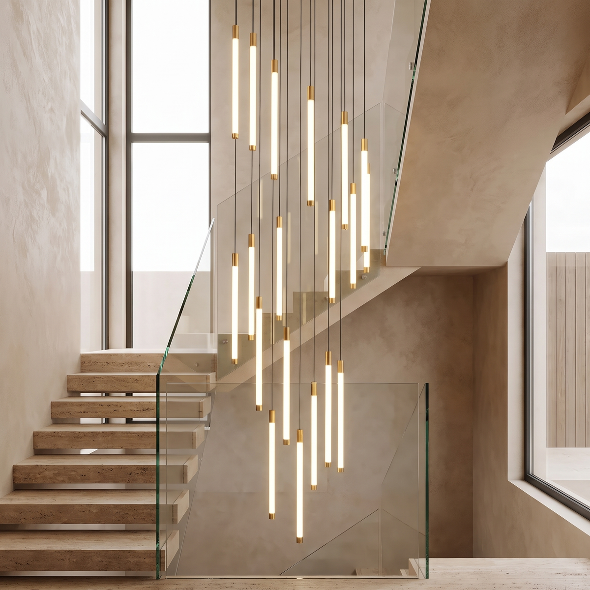 LED Tube Staircase Chandelier in an elegant Italian setting