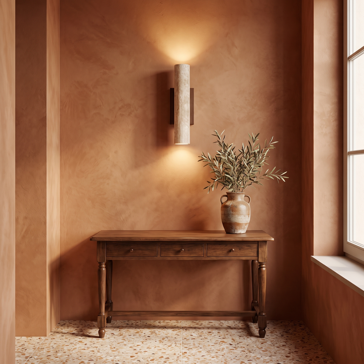 Travertine Cylinder Wall Sconce in an elegant Italian setting