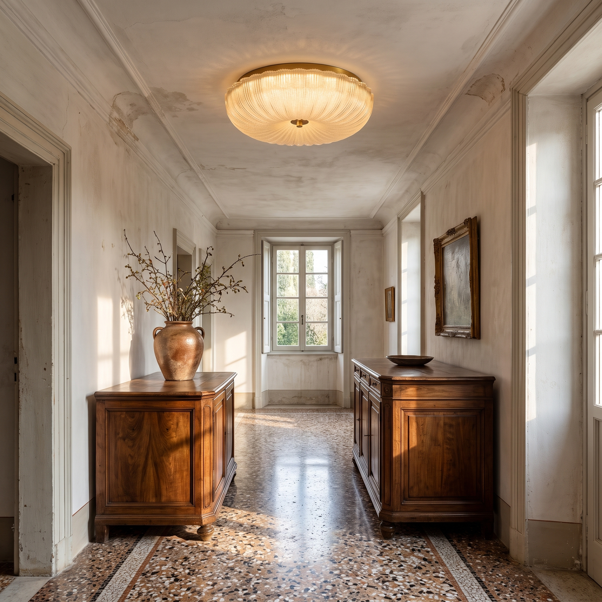 Frosted Glass Flush Mount in a warm Italian interior