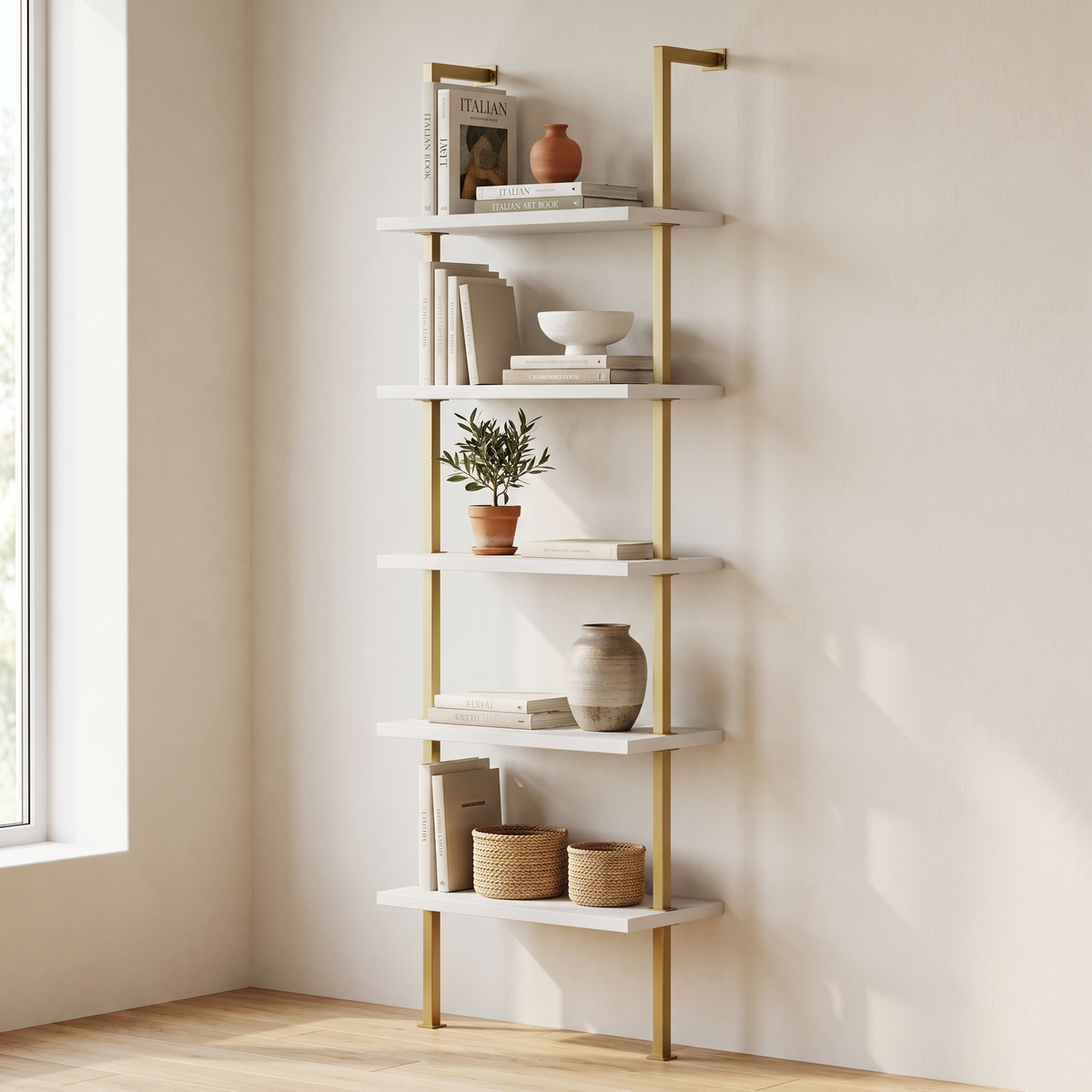 5-Shelf Ladder Bookshelf, White and Gold, in a warm Italian interior