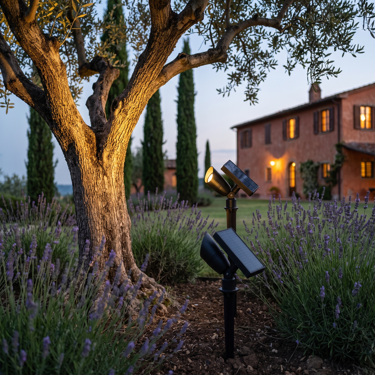 Solar Tree Spotlight in an Italian villa garden
