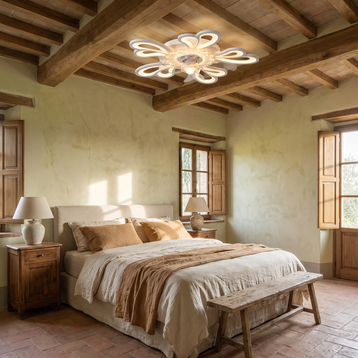 Flower Shape Ceiling Fan with Light in a warm Italian bedroom