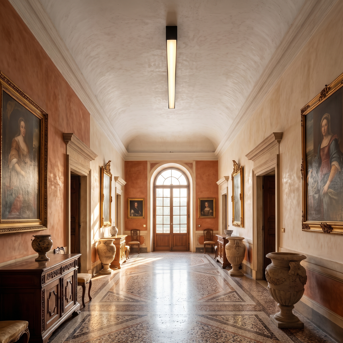 Slim Linear LED Ceiling Light in a warm Italian hallway