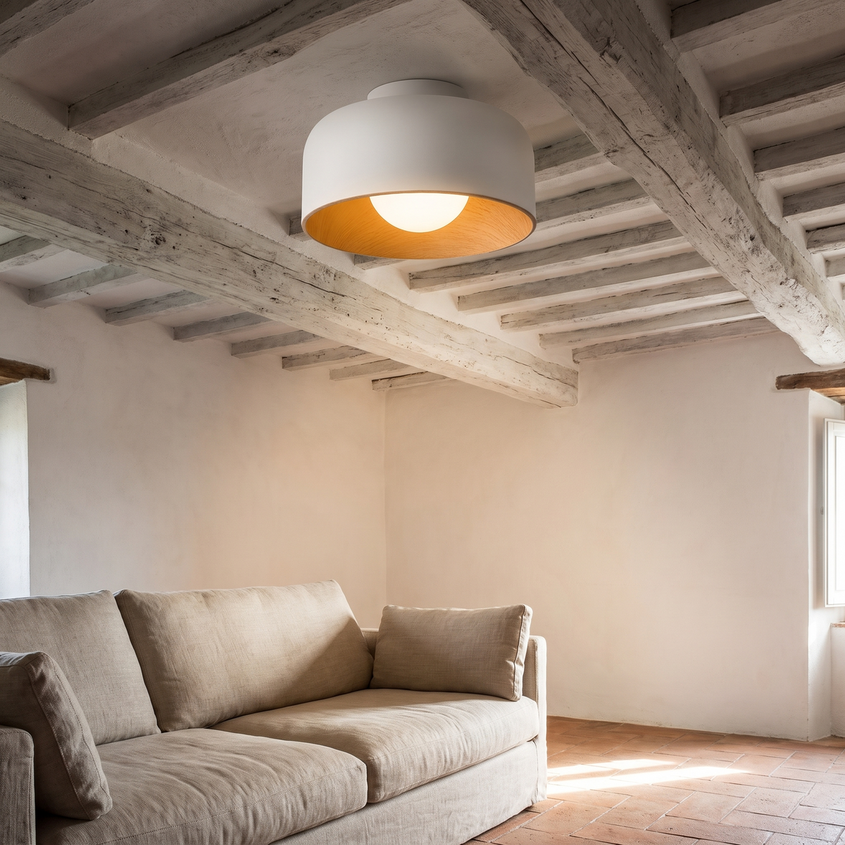Glass Globe Wood Grain Ceiling Light in a warm Italian interior