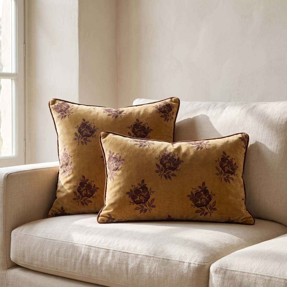 Floral Velvet Throw Pillow in a warm Italian interior