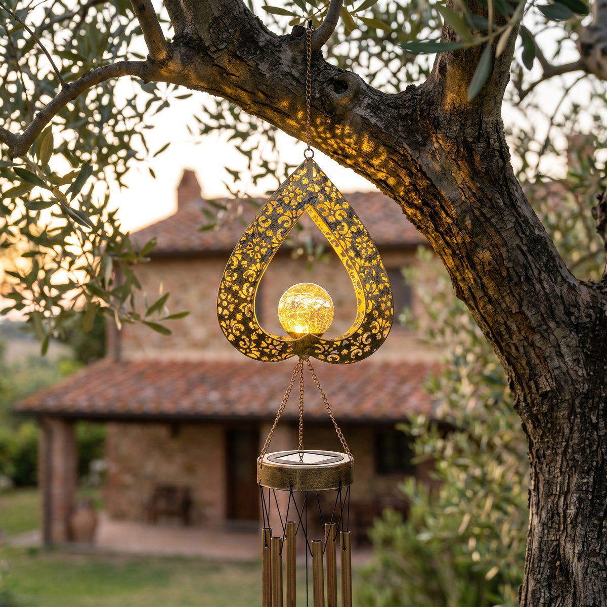 Solar Heart Wind Chime Light in an Italian garden