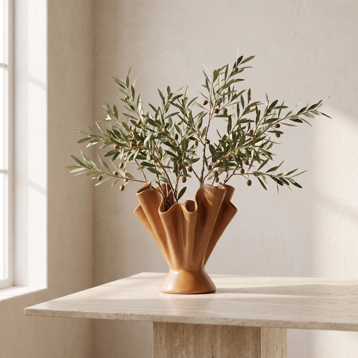 Ruffled Stoneware Vase in a warm Italian interior