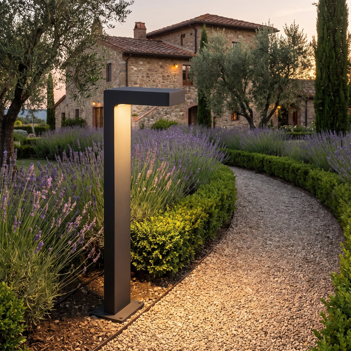 L Shaped Landscape Path Light at an Italian villa