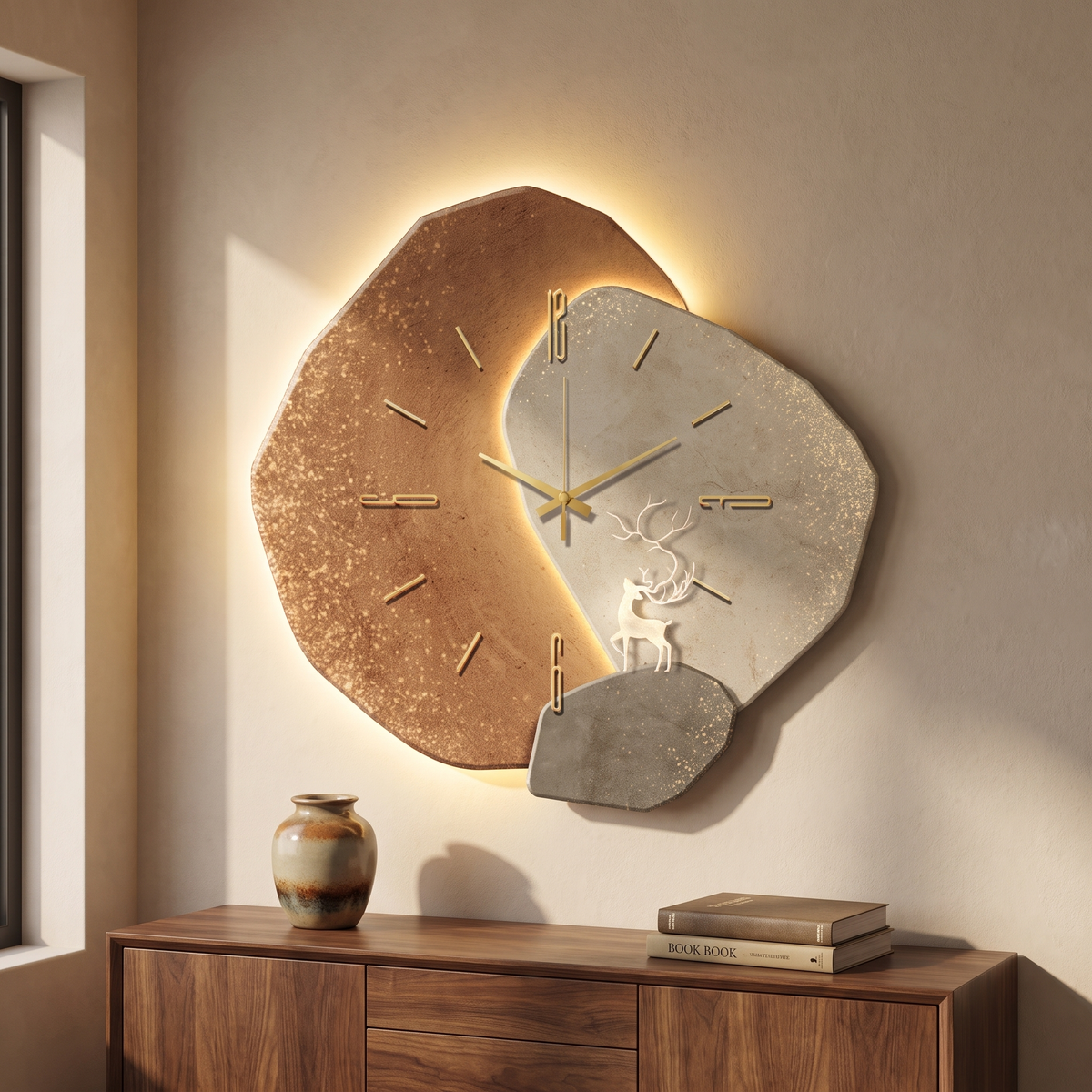 Wood Accent Wall Clock with LED Backlight in a warm Italian interior