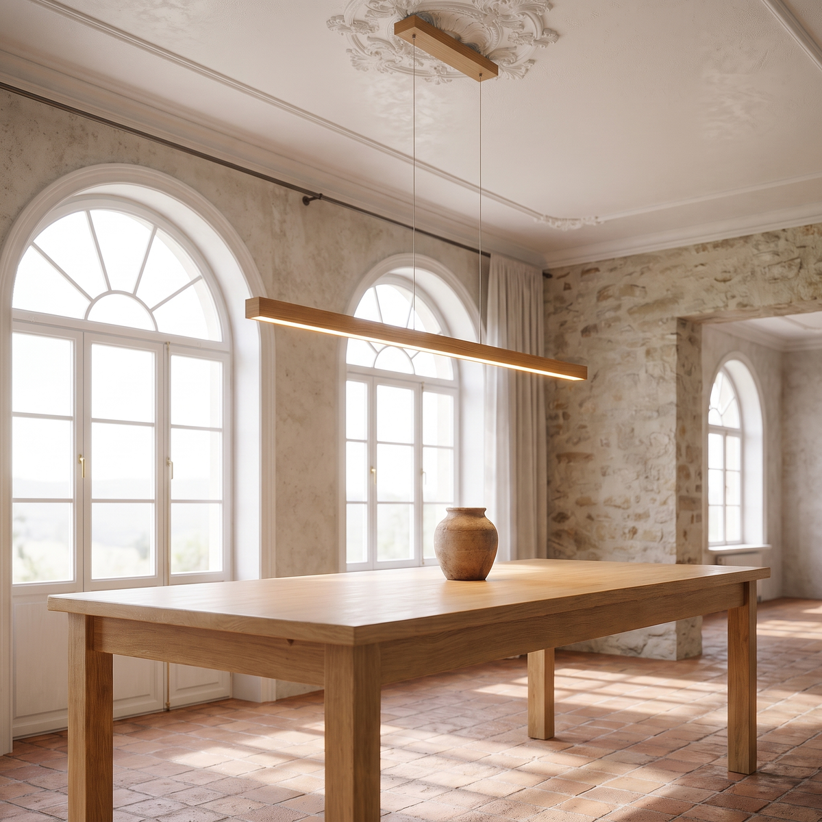 Linear Wooden LED Pendant Light in a warm Italian interior