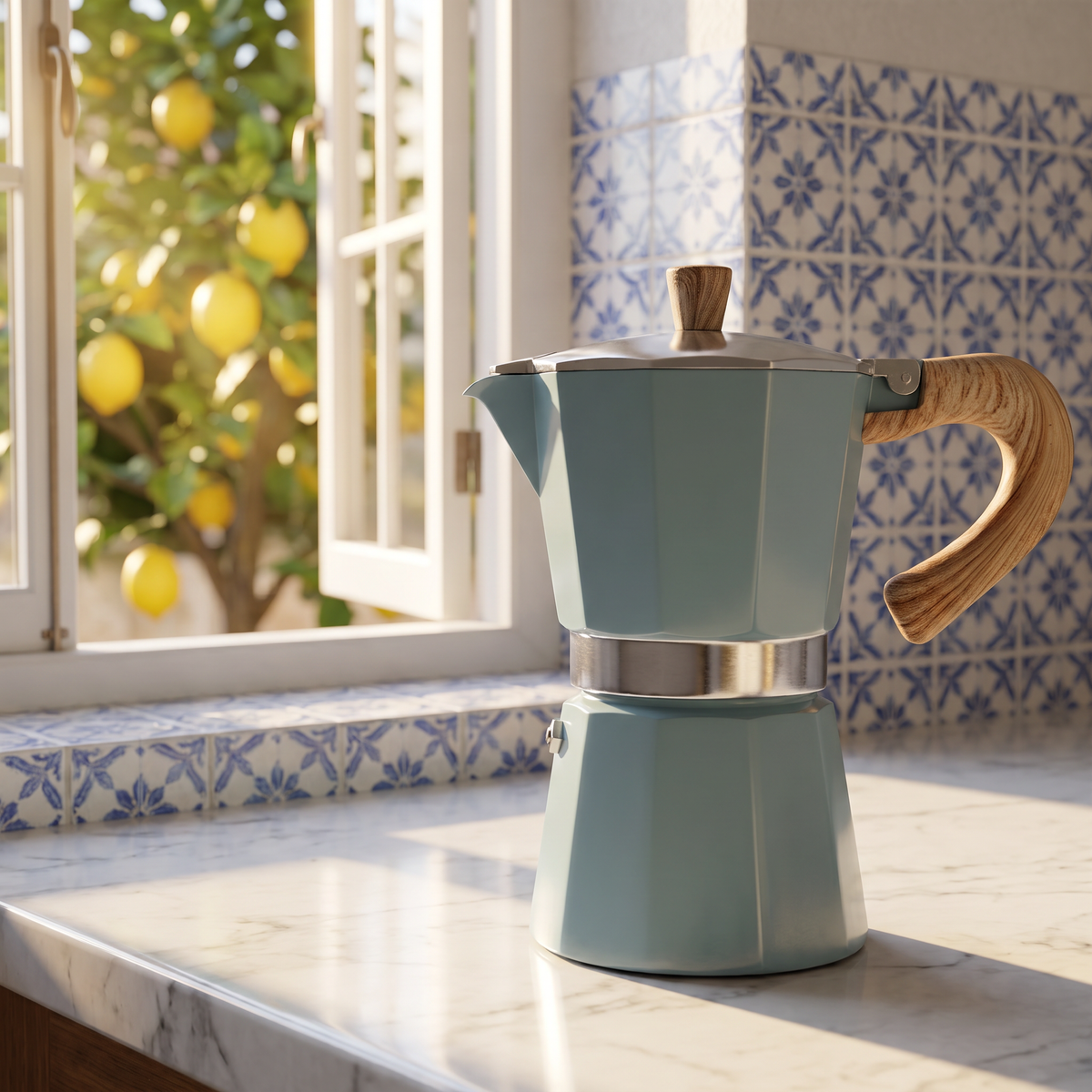 Blue Aluminium Moka Pot in a warm Italian interior