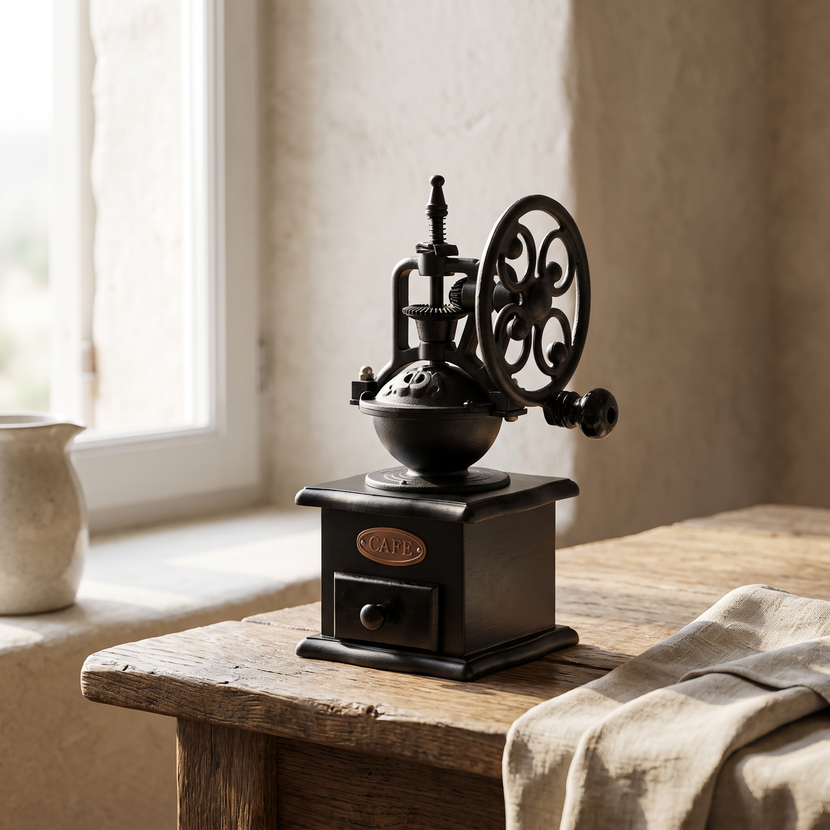 Vintage Metal Hand Crank Coffee Grinder in a warm Italian interior