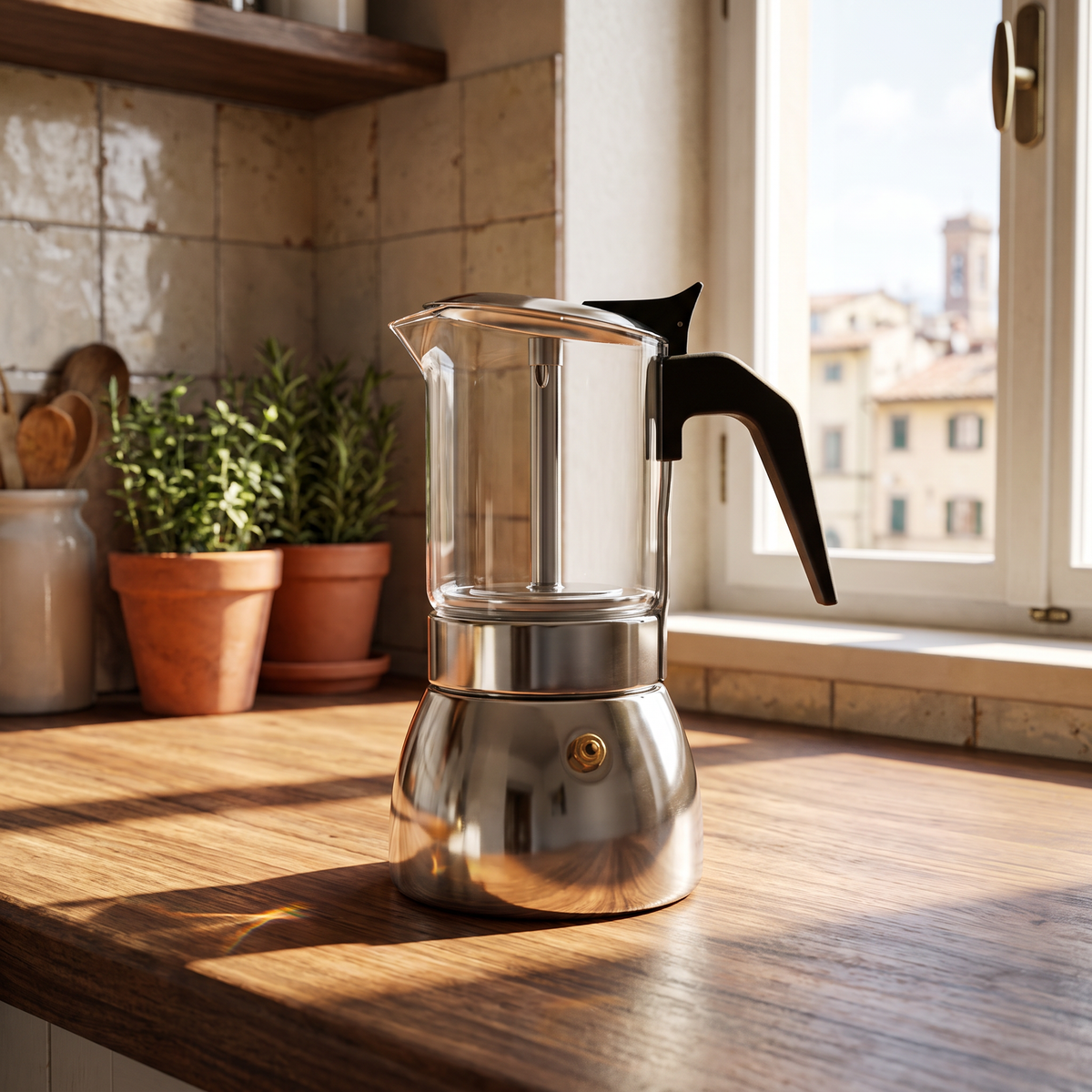 Borosilicate Glass Moka Pot in a warm Italian interior