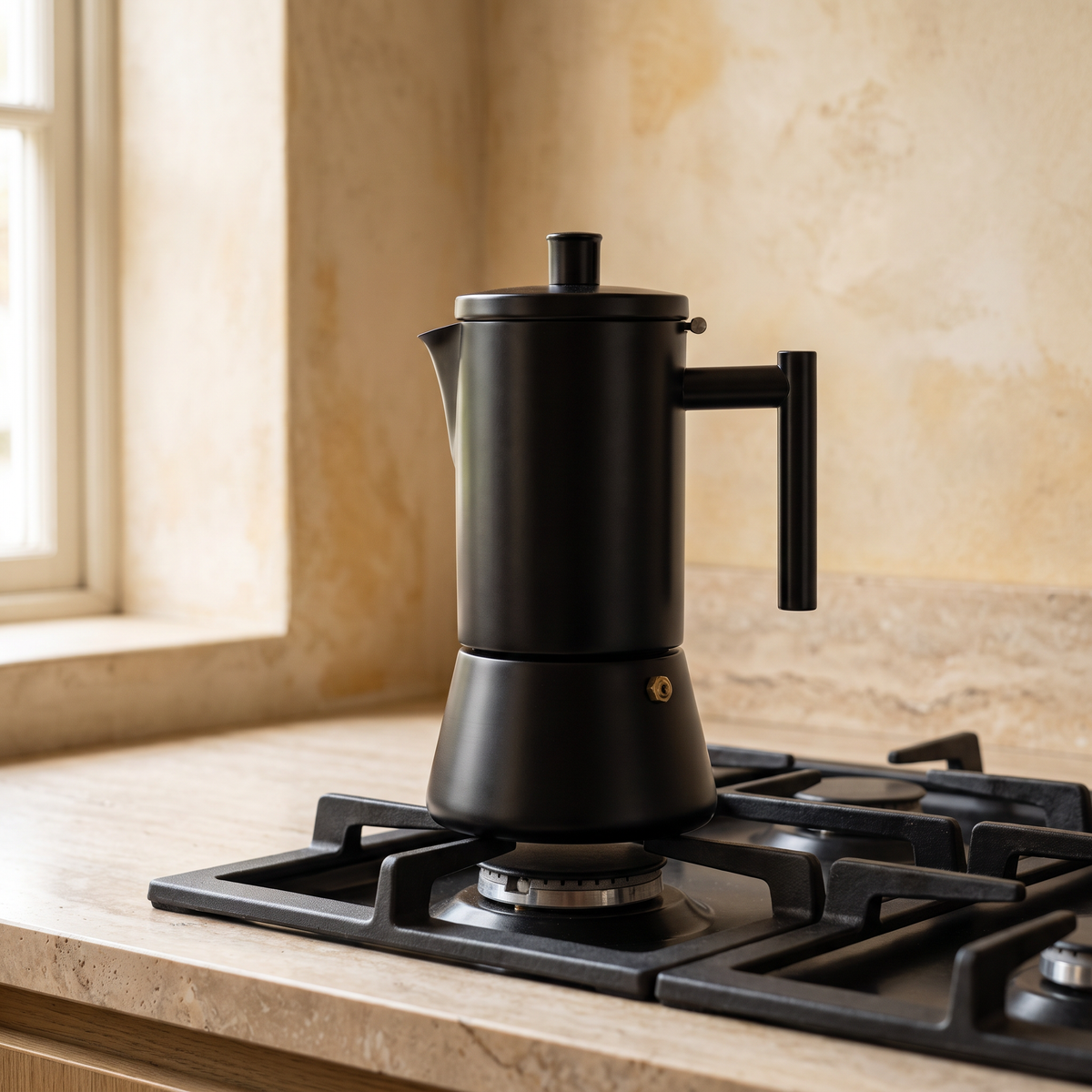 Black Stovetop Espresso Maker in a warm Italian interior