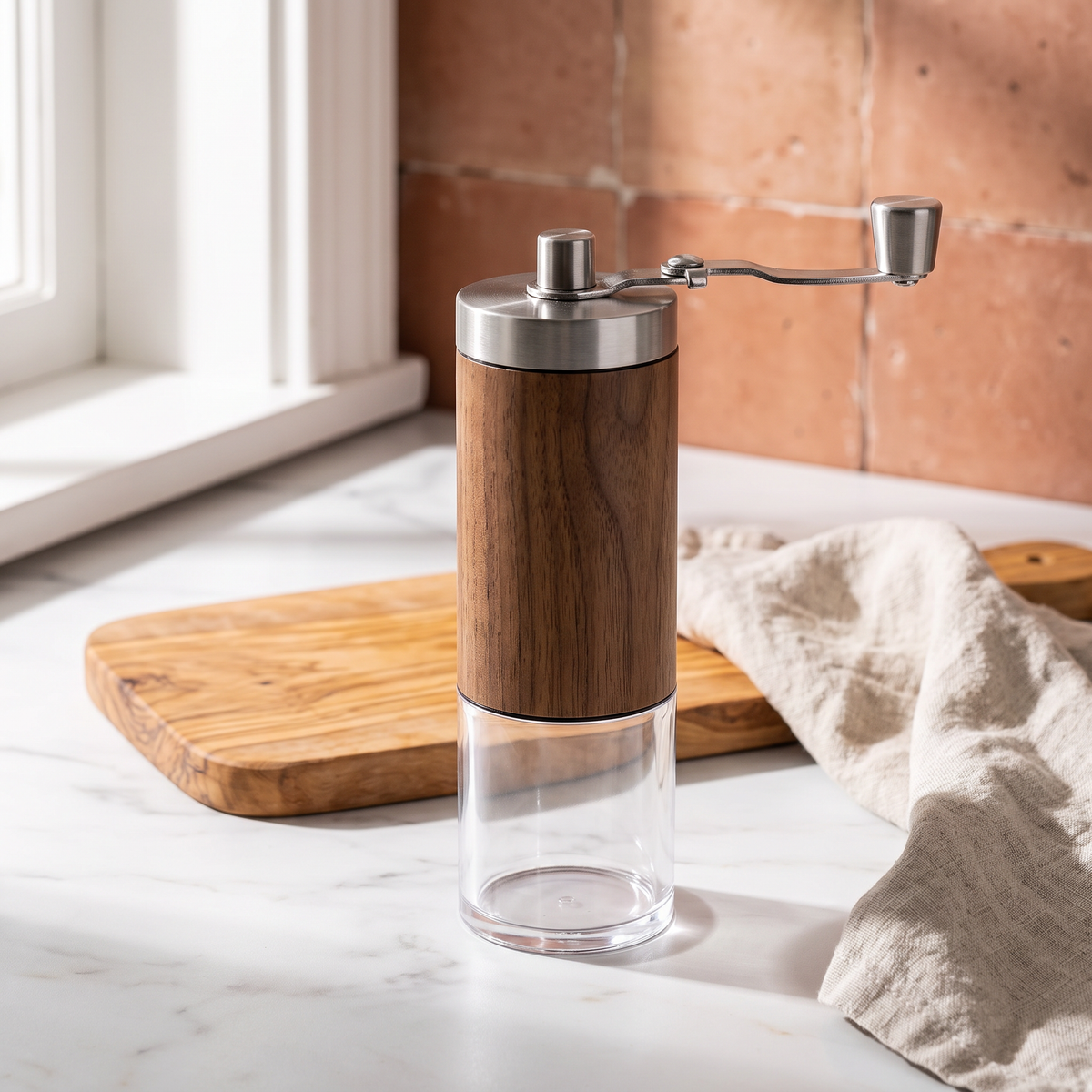 Wooden Hand-Crank Coffee Grinder in a warm Italian interior
