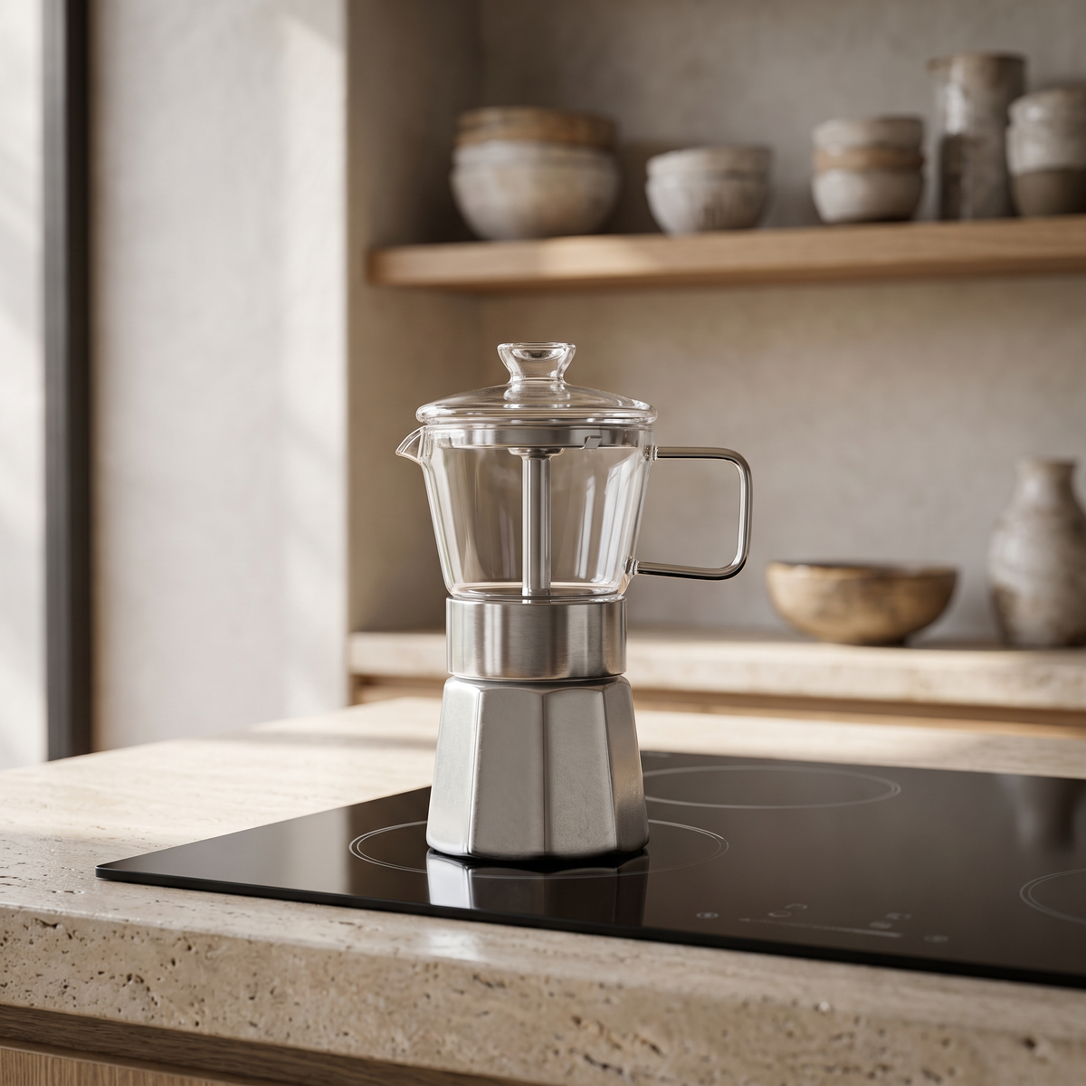 Aluminium Moka Pot with Glass Top in a warm Italian interior
