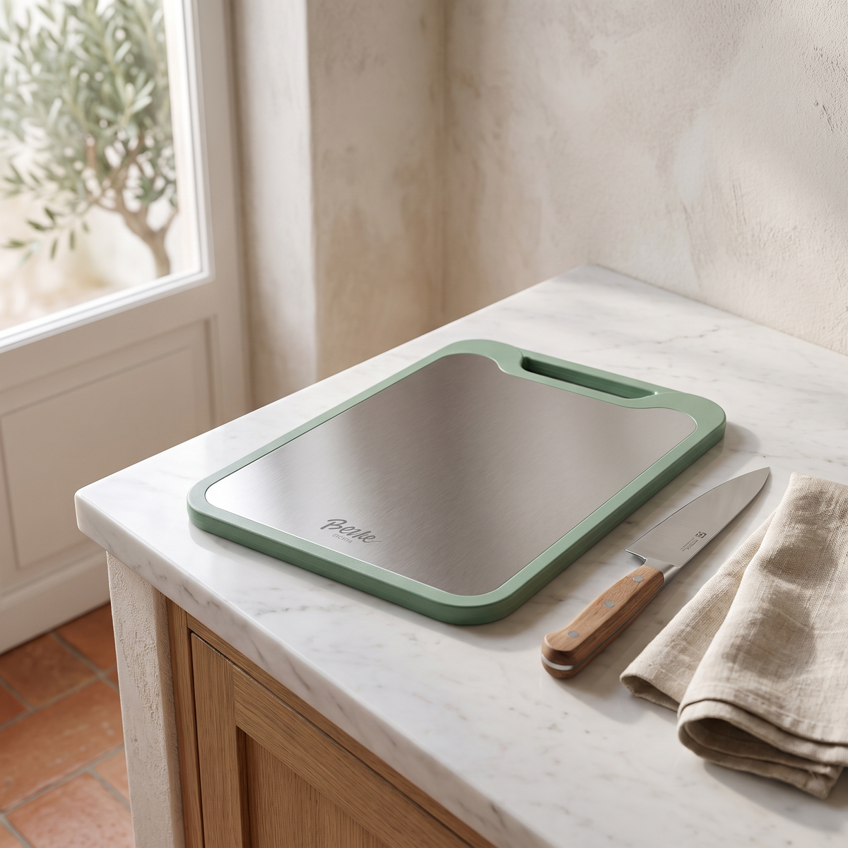 Double Sided Stainless Steel Cutting Board in a warm Italian interior