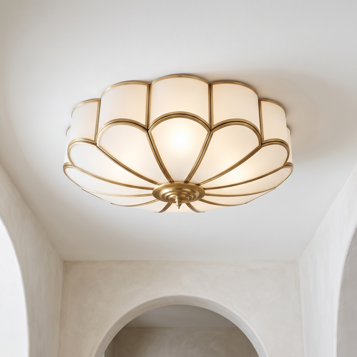 Brass Flower Semi Flush Ceiling Light with frosted glass in a modern Italian hallway
