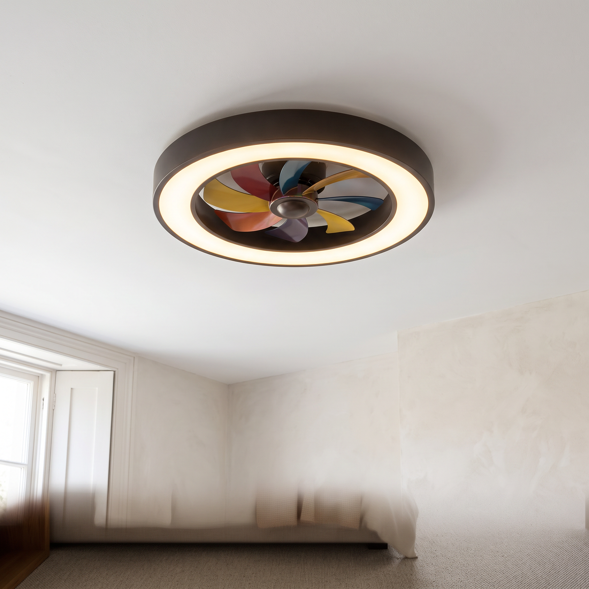 Bauhaus Colorful Flush Mount Ceiling Fan with Light in a modern Italian bedroom