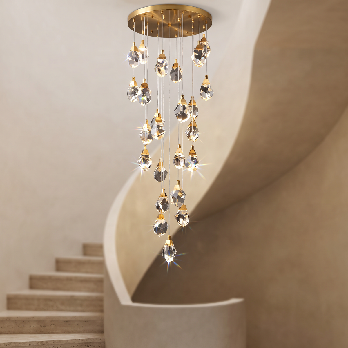 Diamond Cut Crystal Long Drop Staircase Chandelier in a modern Italian villa stairwell