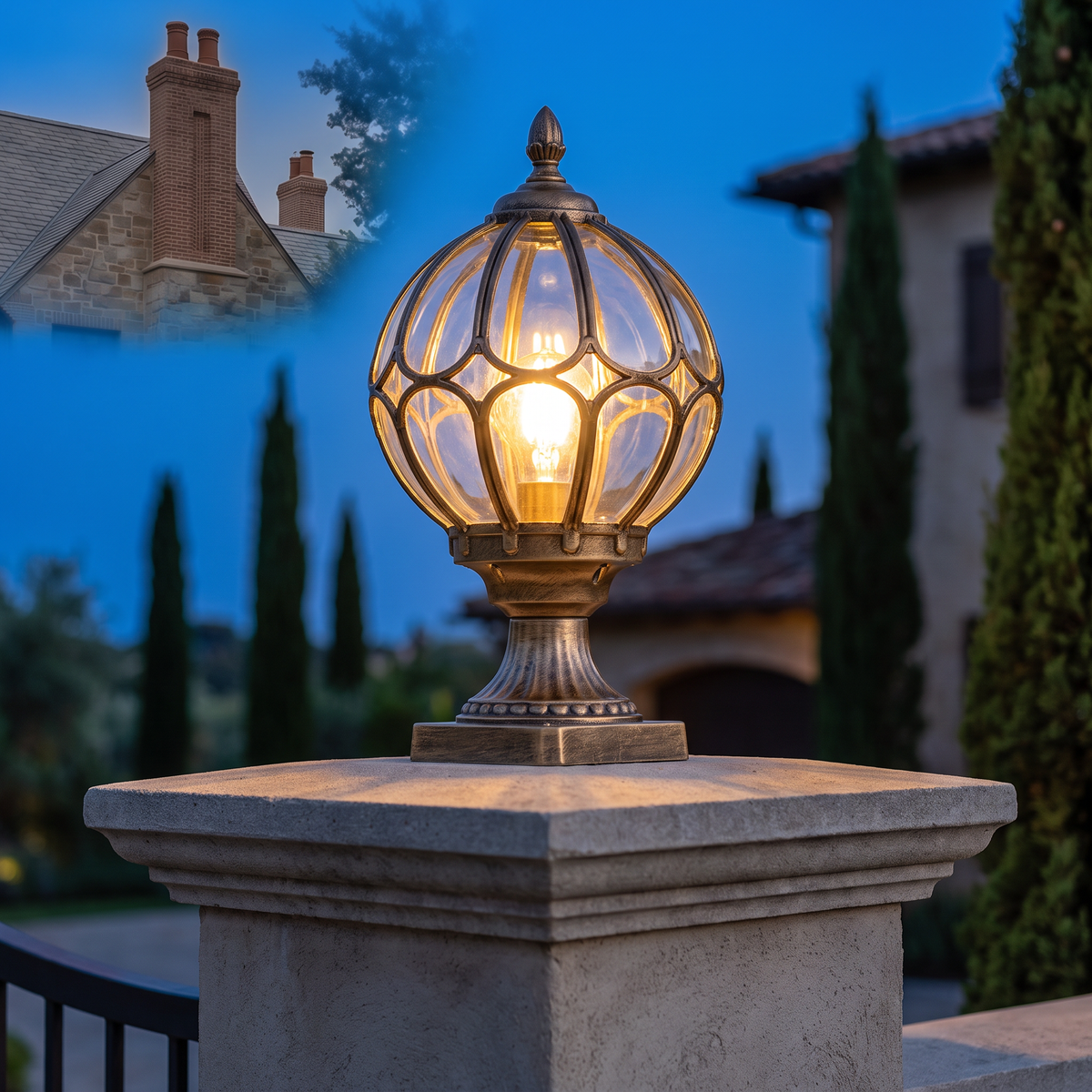 Retro Clear Glass Globe Outdoor Pillar Light on a stone gate post of a modern Italian villa at dusk