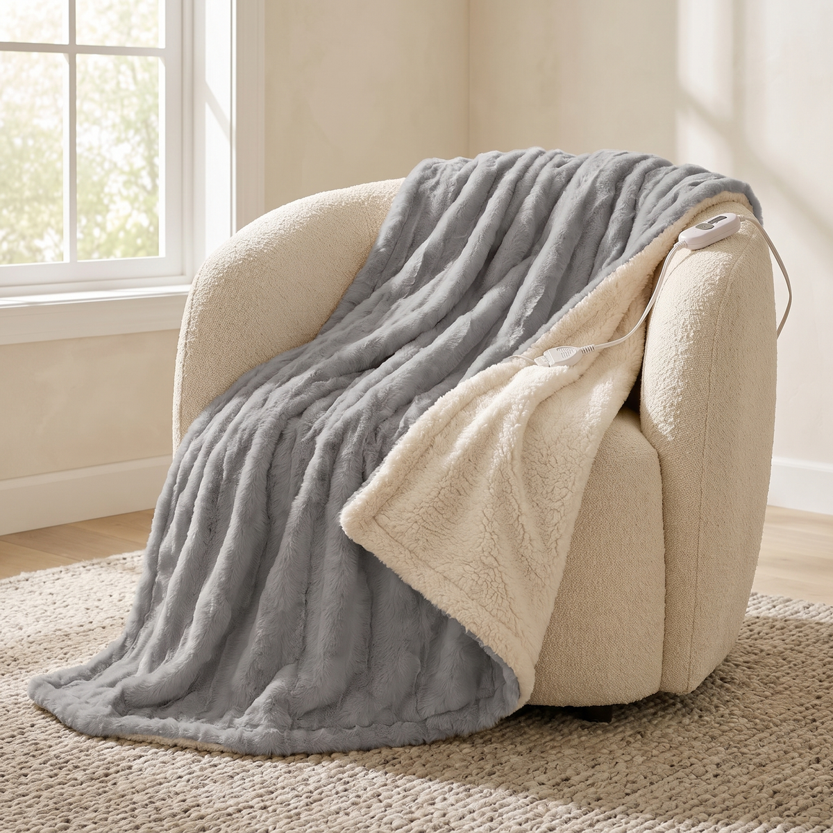 Faux Fur Heated Throw with Sherpa Lining in a cosy modern Italian home