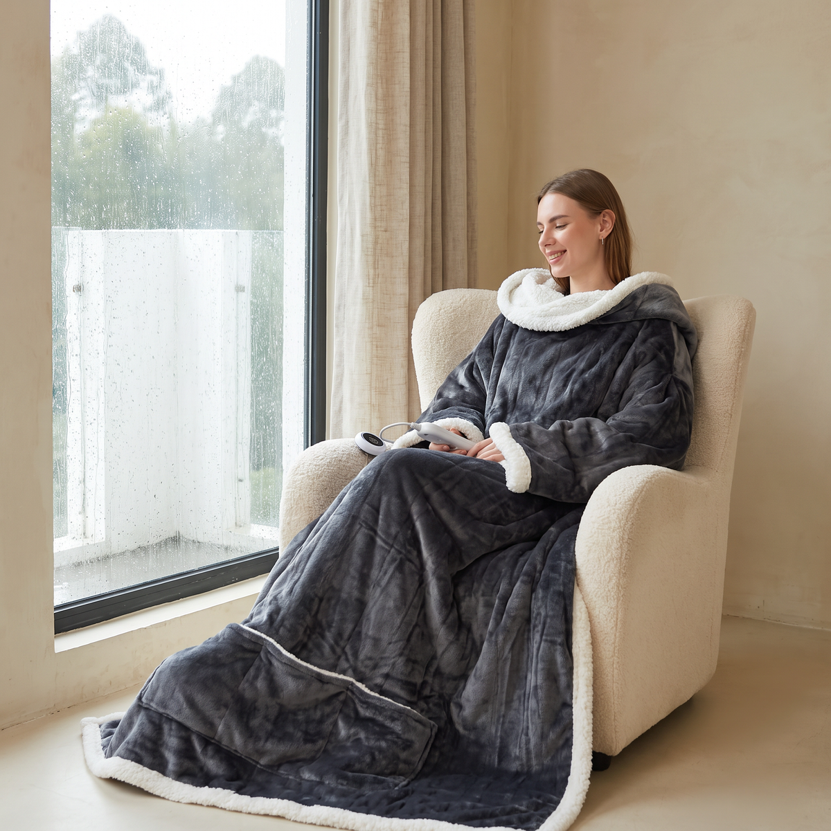 Wearable Heated Sherpa Blanket in a cosy modern Italian home