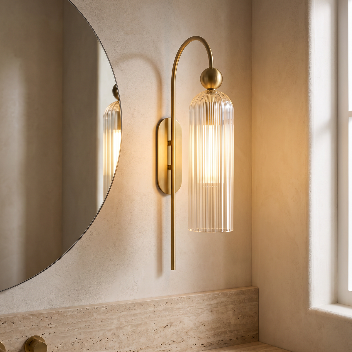 Gold Cylinder Ribbed Glass Wall Sconce in a modern Italian interior